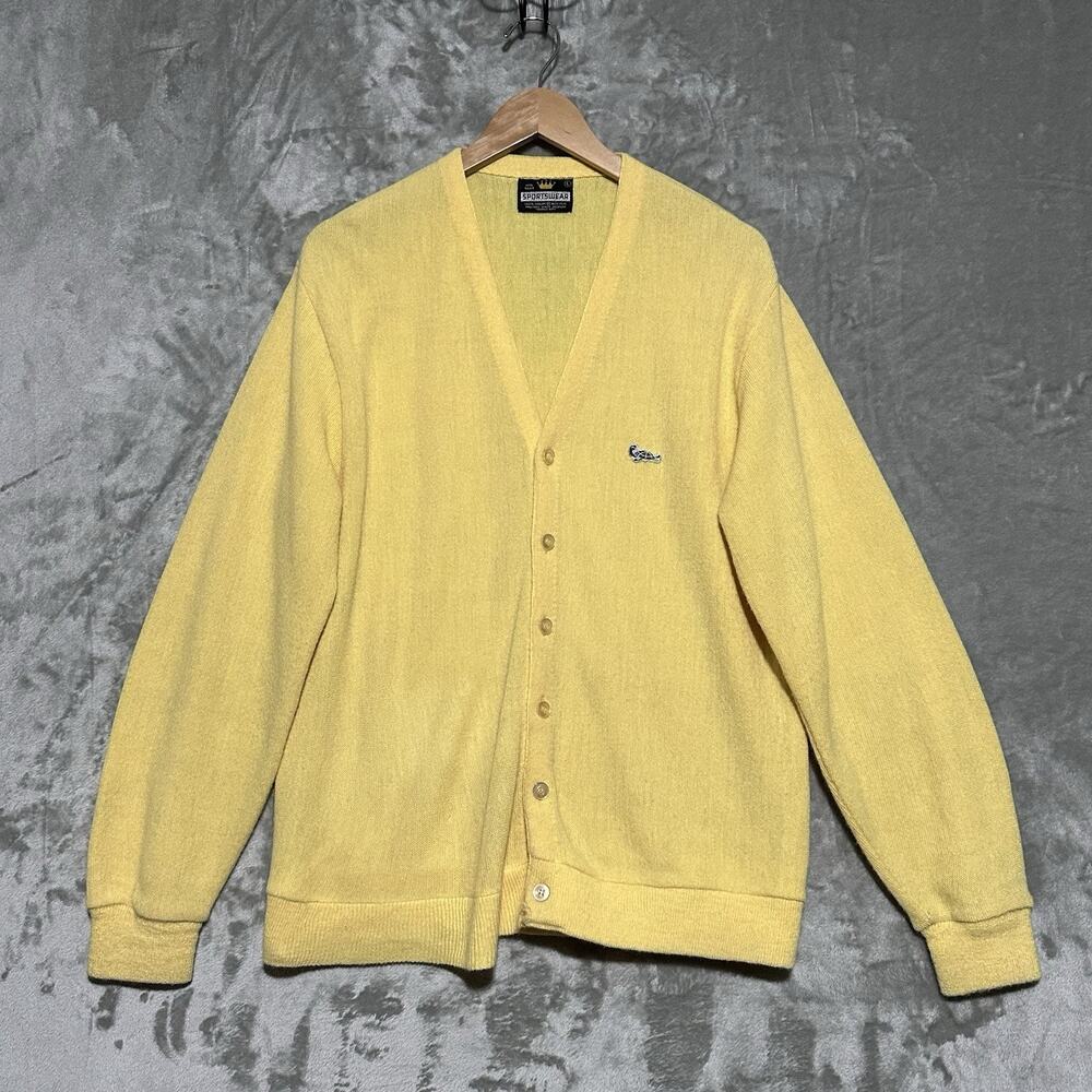 Vtg 60s Sears Crown Sportswear Orlon Cardigan Mens L Canary Yellow Golf Grandpa